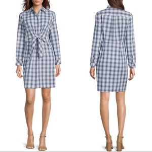 NWT Calvin Klein Tie Waist Plaid Collar Long Cuff Sleeve Button Front Dress